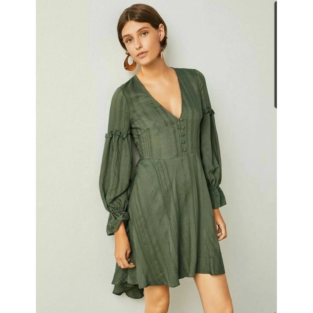 BCBGMAXAZRIA Dress sz M High Low Jacquard Dusty Olive Green NWT Boho Chic Ruffle